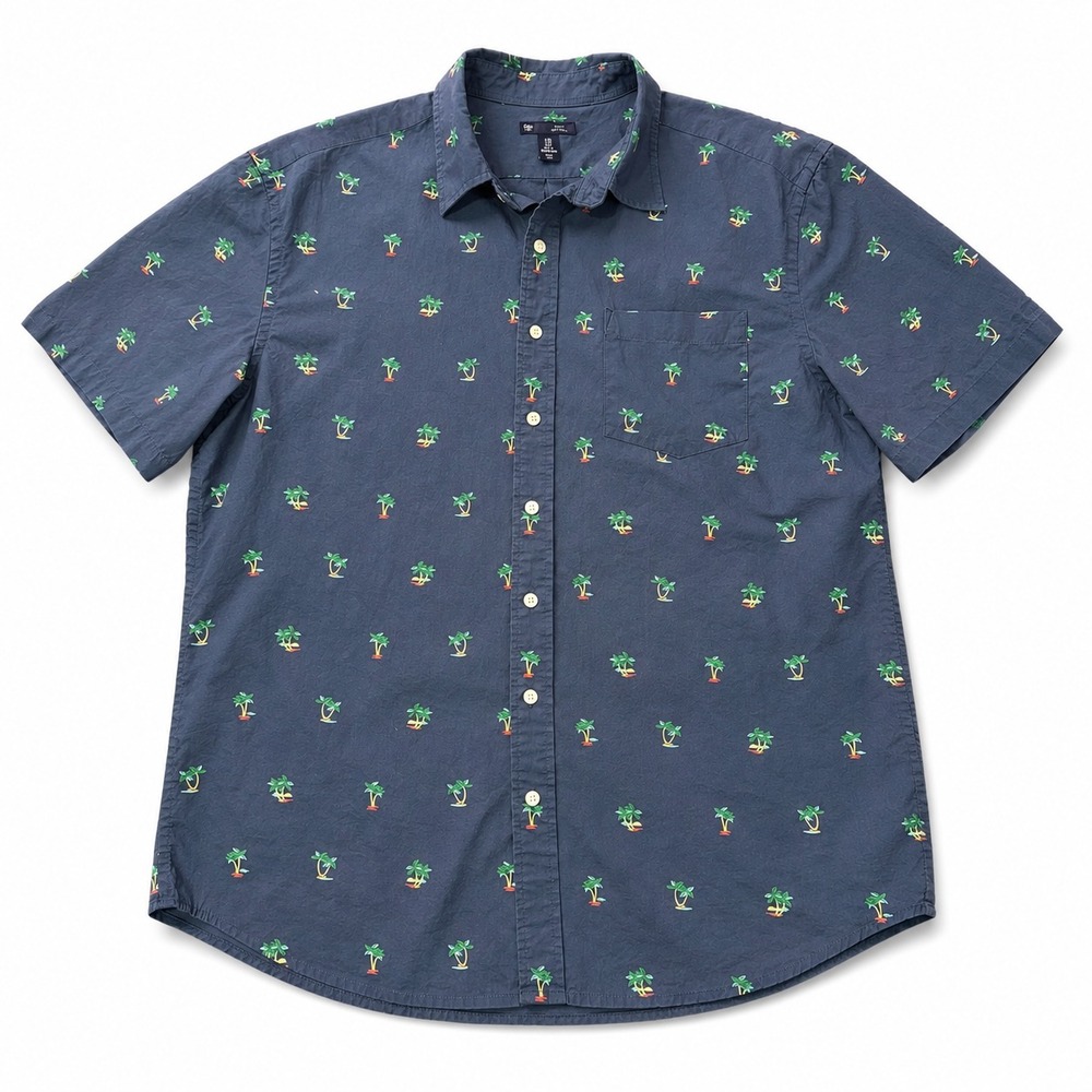 Gap Mens XL Slim‎ Fit Palm Tree Island Print Shirt Navy Blue Short Sleeve Cotton